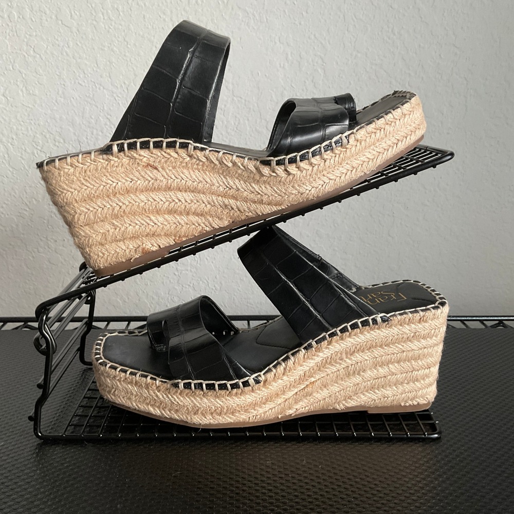 Franco Sarto Clave Black Croc Leather Espadrille Wedge Sandals Womens 7M - Picture 4 of 13